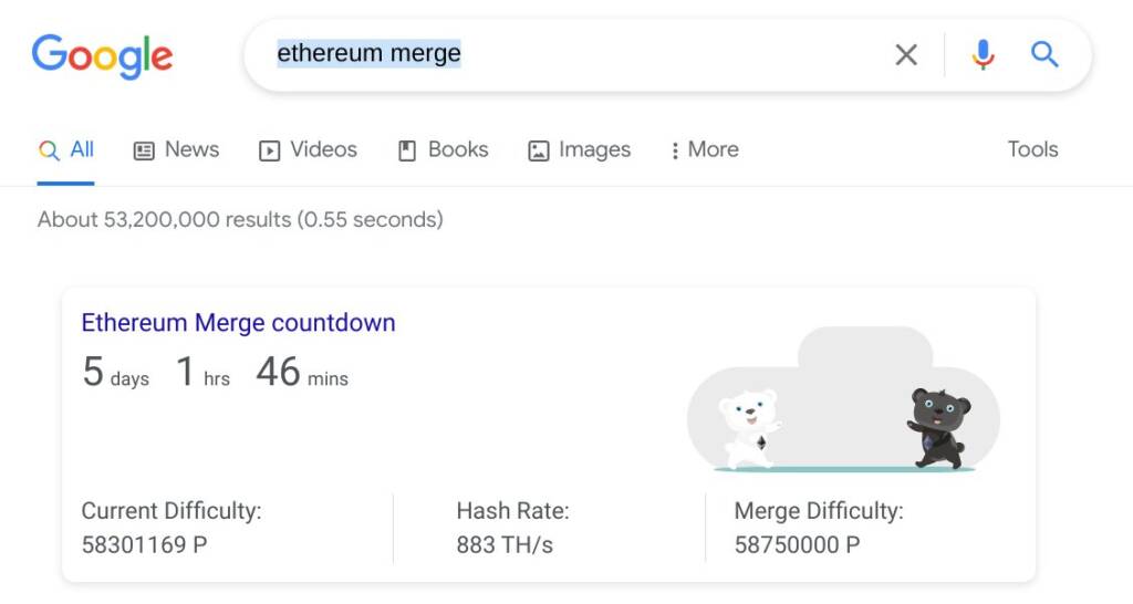 گوگل روزشمار به‌روزرسانی مِرج اتریوم را به نتایج جست‌وجو عبارت «The Merge» اضافه کرد